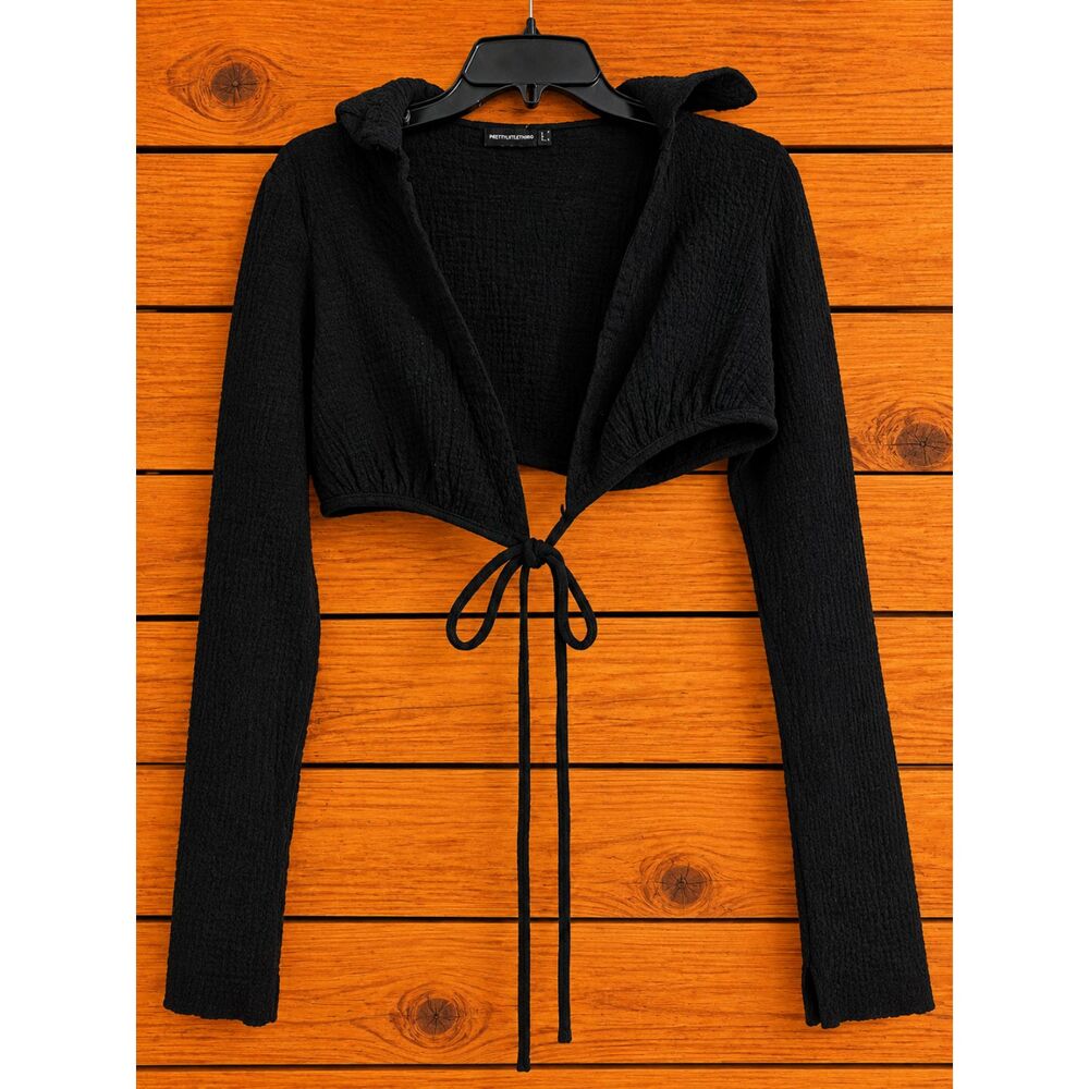 PrettyLittleThing Black Cropped Bolero Top Tie Front Long Sleeve Cardigan Shrug
